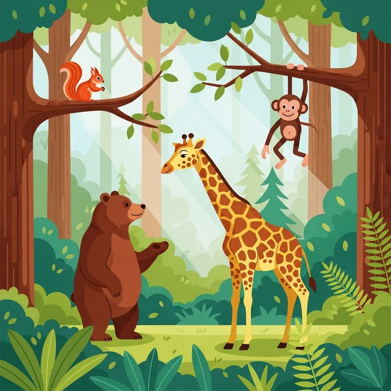Forest Encounter: Bear, Giraffe, Squirrel, Monkey