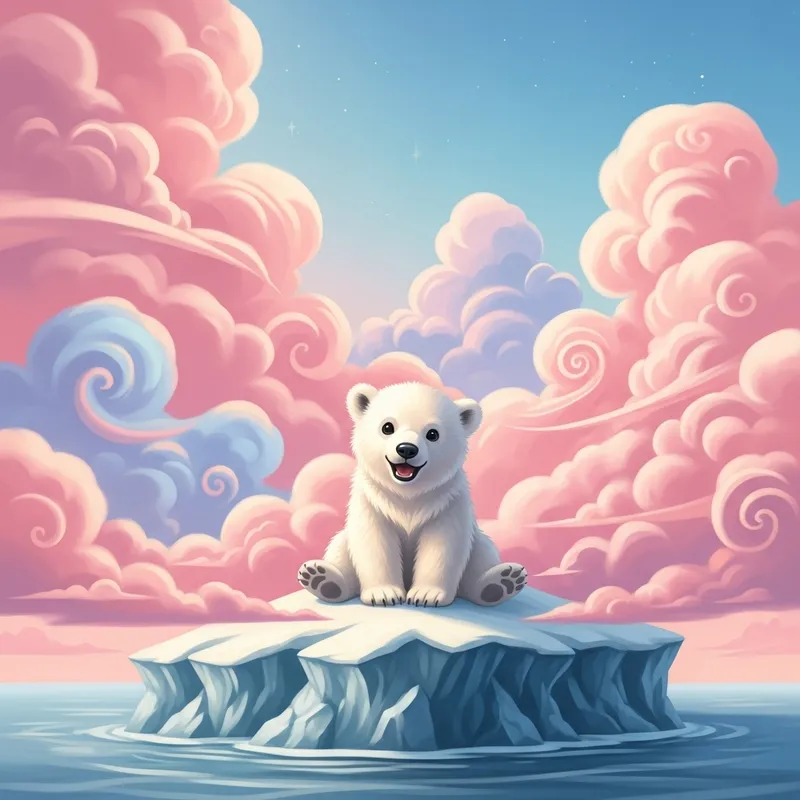 Adorable White Polar Bear on Iceberg Surrounded by Soft Pink Clouds