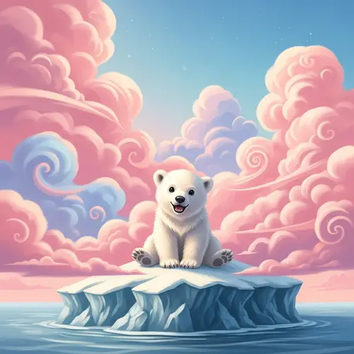 Small White Polar Bear on Iceberg in Pink Clouds
