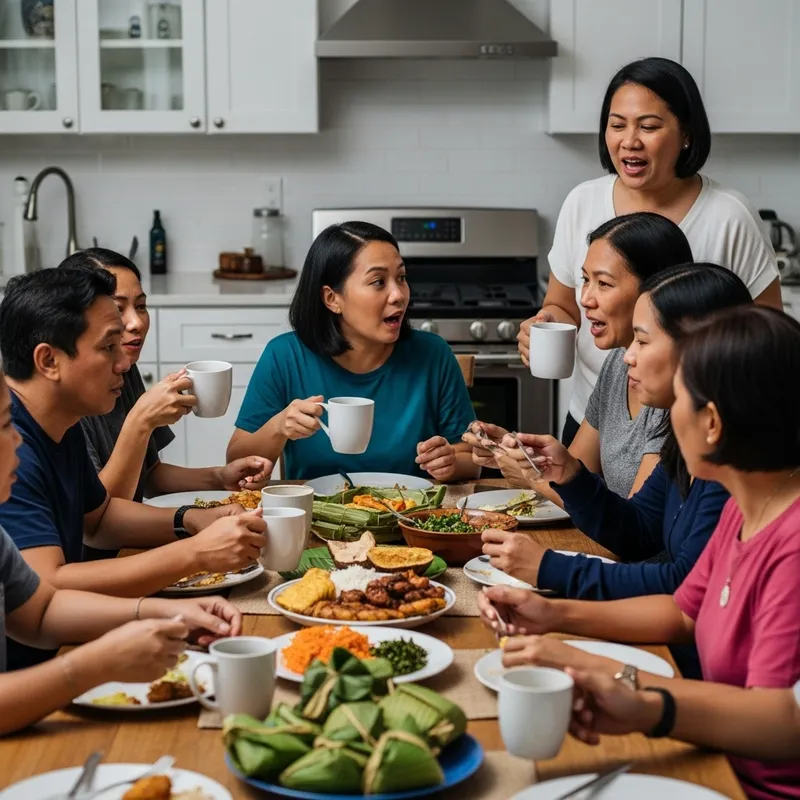 Filipino People Gathered in Animated Conversations Sharing Traditional Dishes