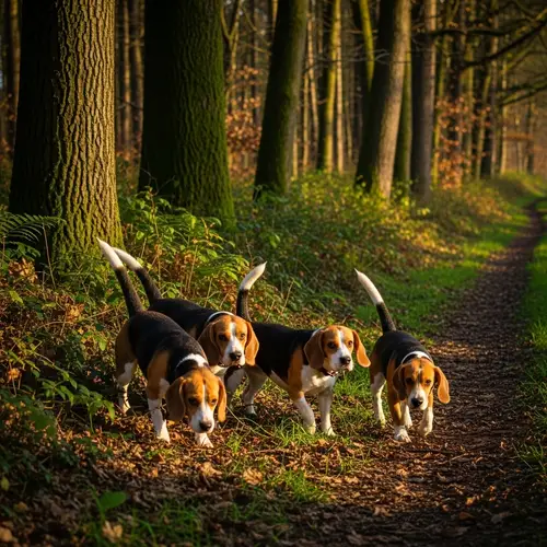 Beagle Dogs Hunting at Forest Edge