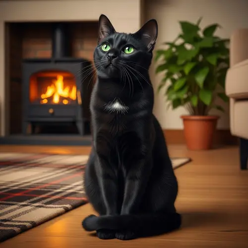 Graceful Domestic Cat with Bright Green Eyes and Jet-Black Fur