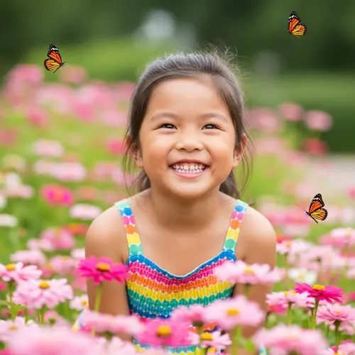 Cheerful Young Girl with Sparkling Eyes in Colorful Sundress