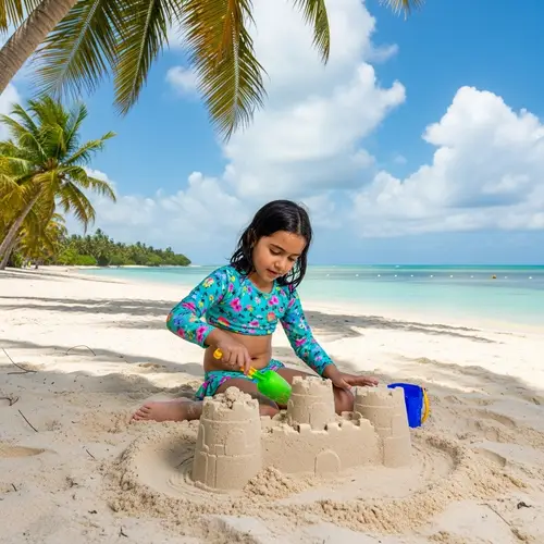 Young Middle-Eastern Girl Building Sandcastle on Serene Beach