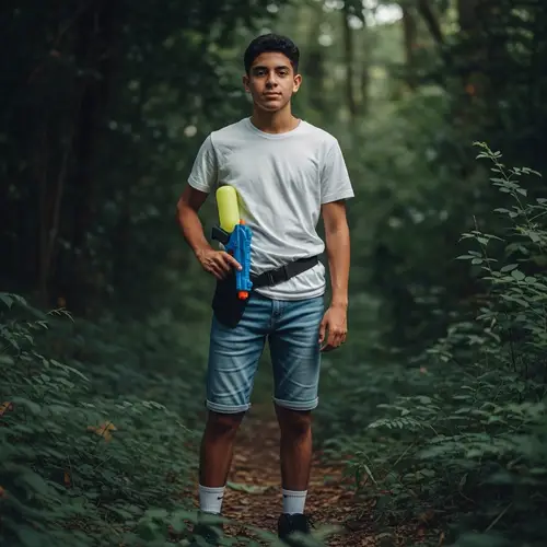 Hispanic Teenager in Lush Forest with Water Pistol | Adventure Artistry