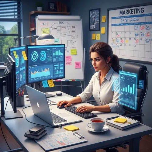 Hyper-Realistic South Asian Woman in Digital Marketing Scene