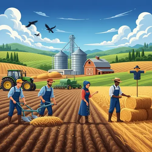 Bountiful Agriculture Scene with Farmers Tending Fields