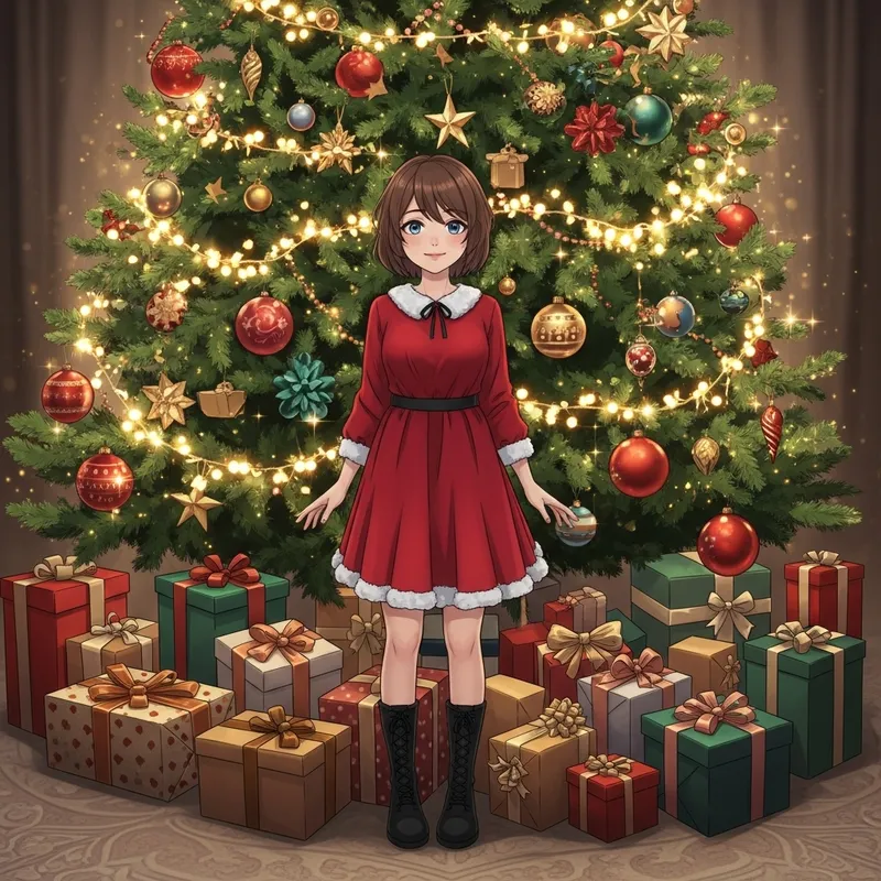 Festive Girl in Red Dress by Christmas Tree with Blue Eyes Festive Girl in Red Dress by Christmas Tree with Blue Eyes
