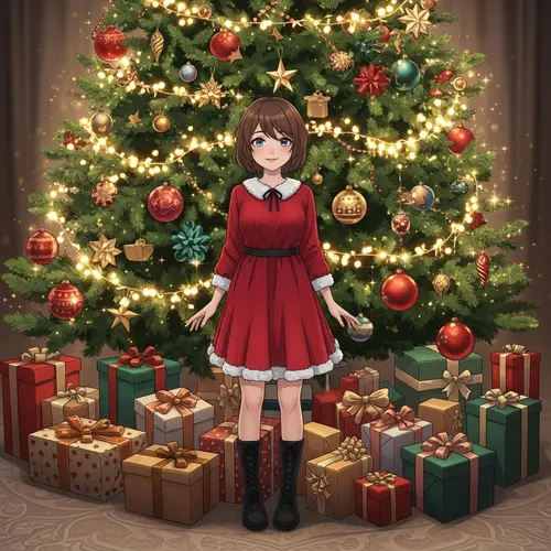 Festive Girl Standing by Lavish Christmas Tree with Presents