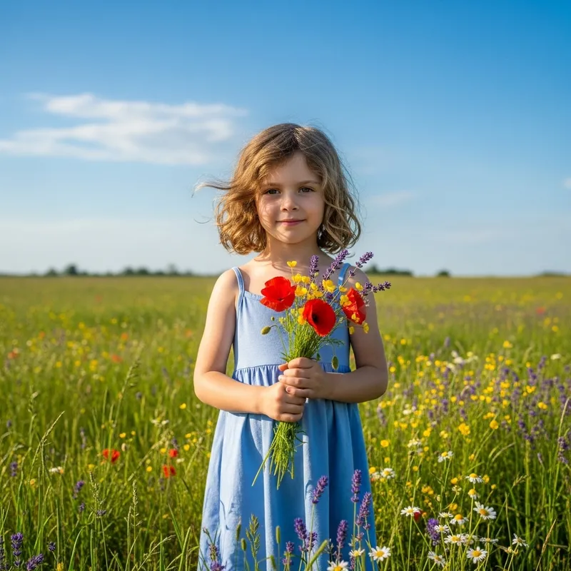 Beautiful Blonde Girl in Baby Blue Dress with Wildflowers Beautiful Blonde Girl in Baby Blue Dress with Wildflowers