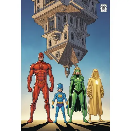 Vibrant Comic Book Cover with Four Unique Characters in Red, Blue, Green, Yellow