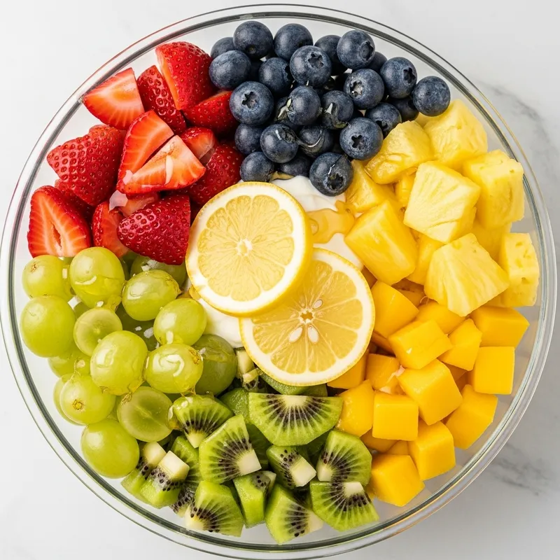 Fresh Fruit Salad Recipe with Strawberries, Blueberries, Grapes, Pineapple, Mango, and Kiwi