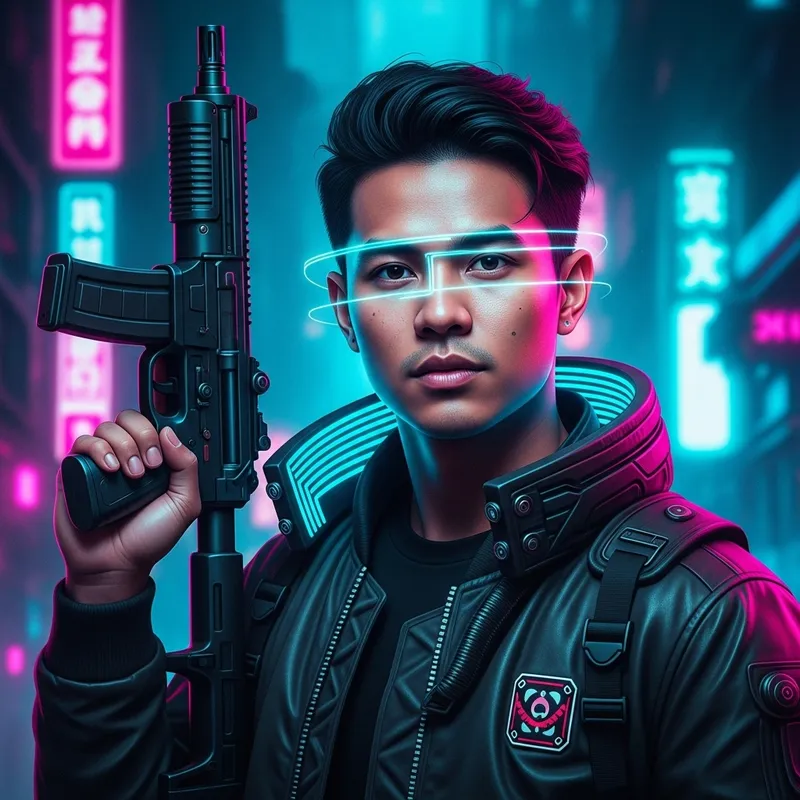 Cyberpunk Style Portrait of a Young Asian Man with Neon Glow and Futuristic Gun