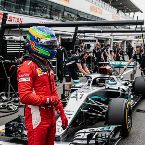 Professional Black Race Car Driver in Red Suit with Striped Helmet