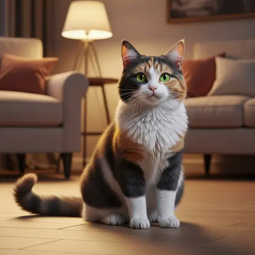 Fluffy Domestic Cat with Vibrant Green Eyes in Calico Design