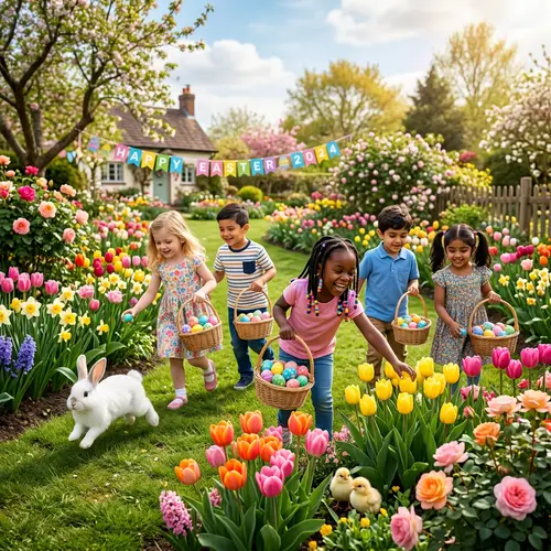 Easter 2024: Joyful Egg Hunt in Colorful Garden with Diverse Children and Bunny