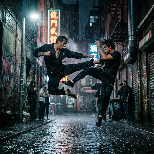 Dramatic Martial Arts Duel in a Rainy Alley