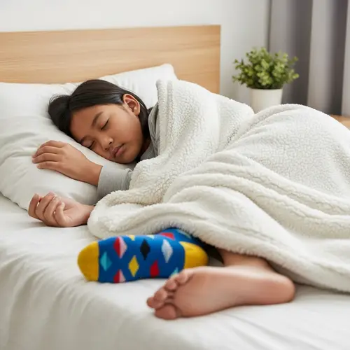 Cozy and Peaceful Moment: Girl Sleeping with Colorful Sock