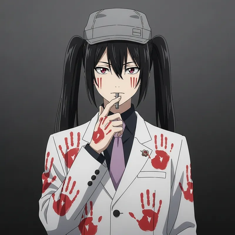 Anime Character with Black Pigtails & Gray Hat