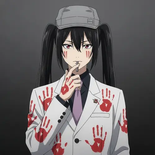Anime Character with Black Pigtails in White Suit and Red Handprints