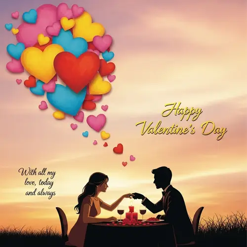 Creative Valentine's Day Card Design with Hearts and Candle-lit Dinner