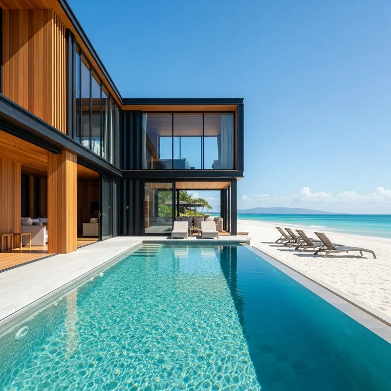 Modern Black Container House with Wooden Details and Pool on White Sandy Beach
