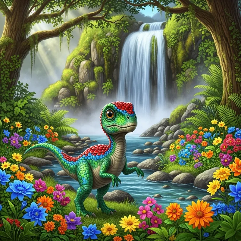 Colorful Prehistoric Landscape with Dancing Baby Dinosaur