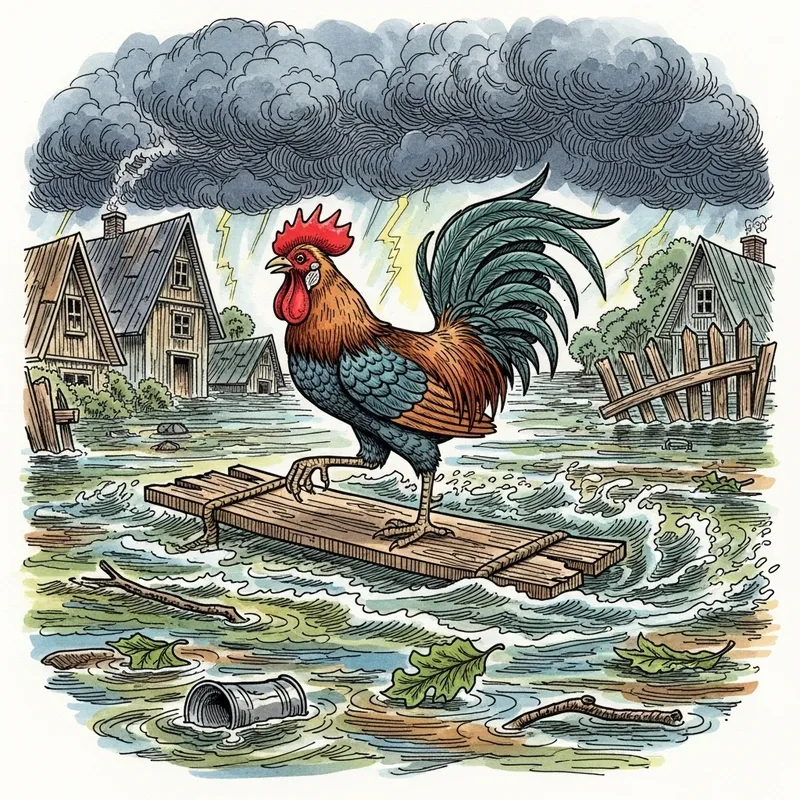 Disney Style Rooster Floating on Wood in Flooded Storm