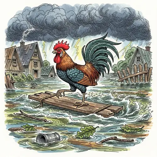 Rooster on Wooden Plank Amidst Flood - 19th-century Children's Book Illustration