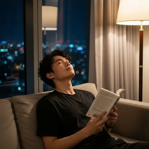 Young Man Relaxing on Sofa with Book in City Setting