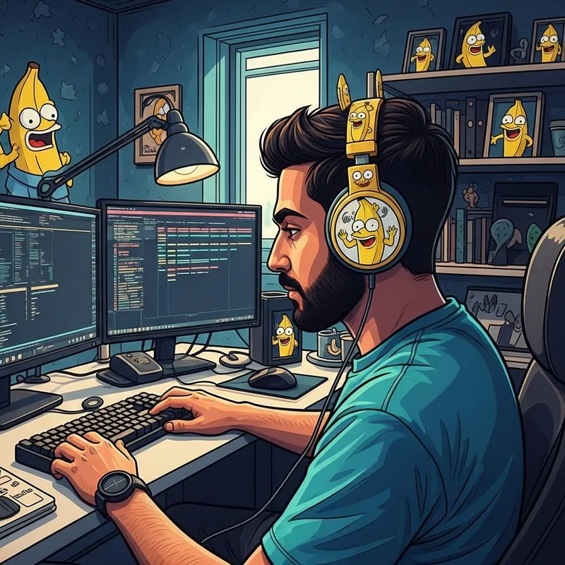 Middle-Eastern Programmer with Minion Themed Headphones in Vibrant Workspace