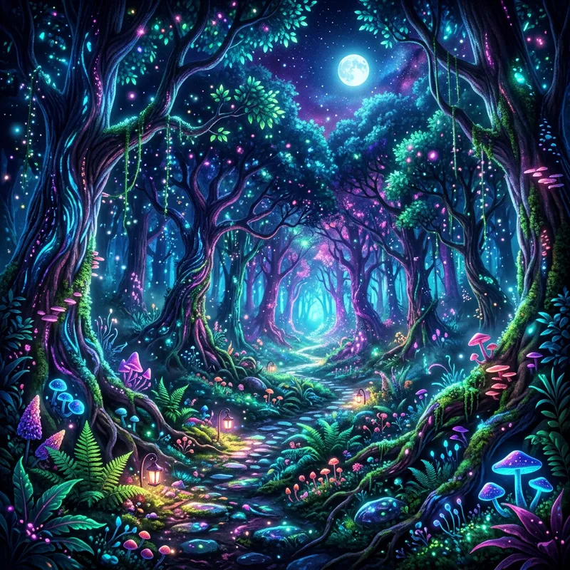 Mystical Neon Forest with Hidden Paths