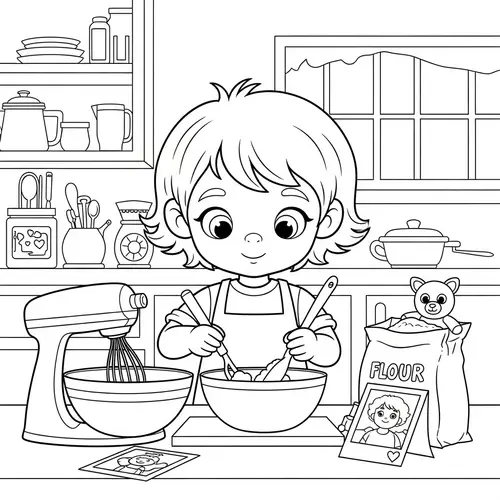 Joyful Childhood Cooking: Heartwarming Cartoon Illustration