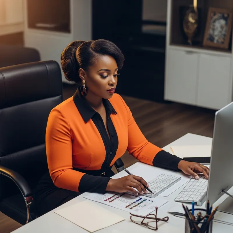 Stunning Black Woman in Chic Orange Attire in Luxurious Office