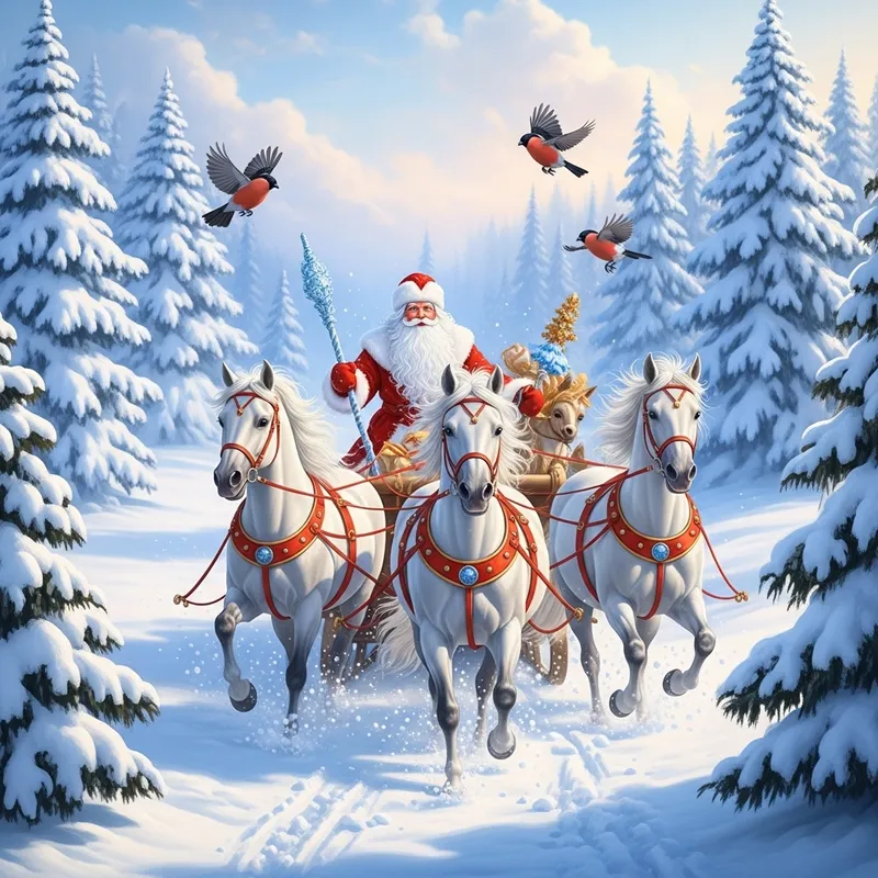 Russian Santa Claus and White Horses Galloping Through Winter Wonderland
