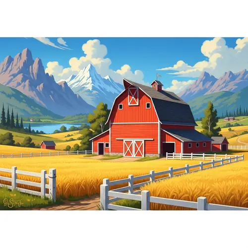 Vivid Rural Landscape with Red Barn, Mountains, and Wheat Field