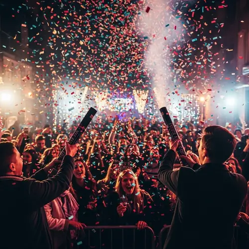 Vibrant New Year's Eve Celebration with Confetti Cannons