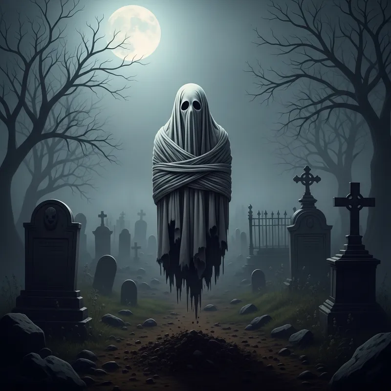 Ethereal Pocong Ghost Image in Moonlit Graveyard | Haunting Art