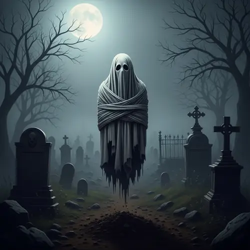 Chilling Pocong Ghost Image in Moonlit Graveyard | Haunting Artwork