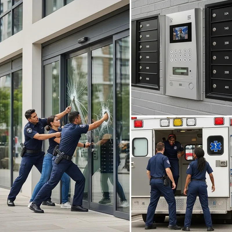 Emergency Response Scenario at Modern Building Entrance