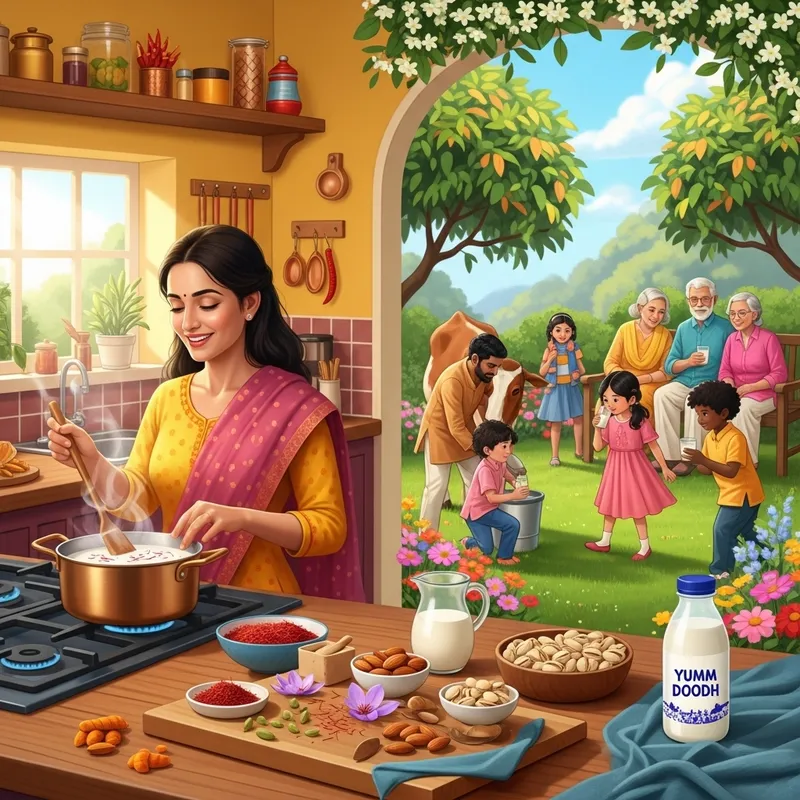 Traditional Indian Kitchen: Colors, Kids Playing, Saffron Milk Recipe