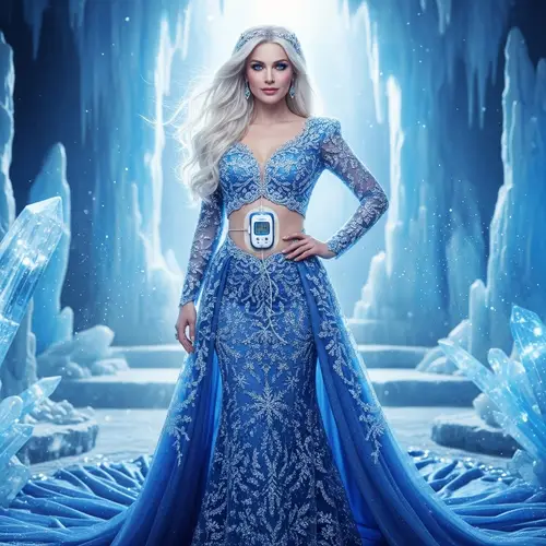 Fictional Ice-Themed Female Character with Minimed 780g Insulin Pump
