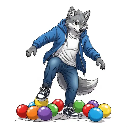 Realistic and Cute Furry Wolf Stepping on Balloons