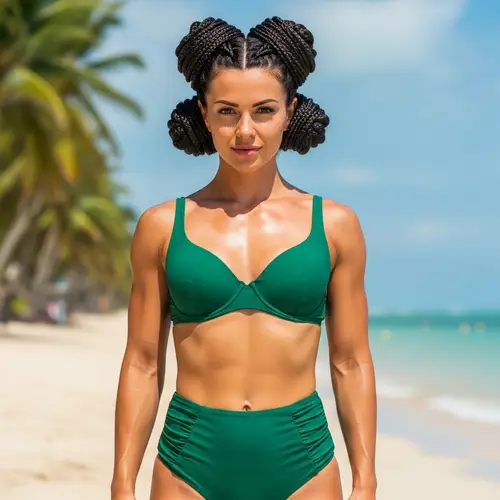 Confident Lady in Two-Piece Swimsuit | Stylish Braided Buns
