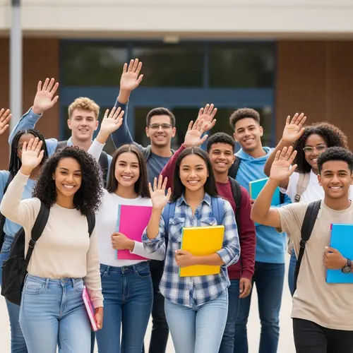 Diverse Students Waving Goodbye | School Campus Farewell Scene