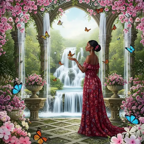 Elegant Black Woman in a Flower Garden with Waterfalls