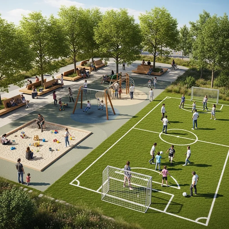 Triangular Leisure Park: Relaxation Zone, Playground, and Mini-Football Field
