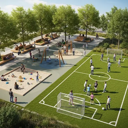Vibrant Leisure Area with Relaxation Zone, Playground, and Mini-Football Field