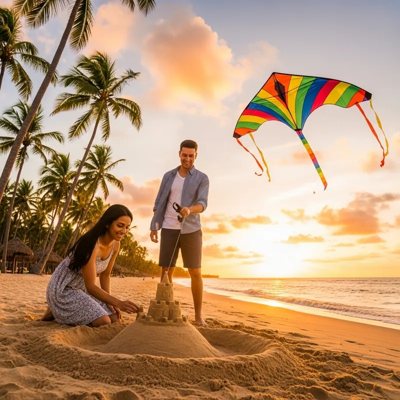 Loving Couple on Beach: Building Sandcastle & Flying Kite | Beach Fun