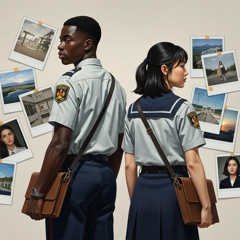 Oil Painting Style of Guy and Girl in Uniform with Polaroids